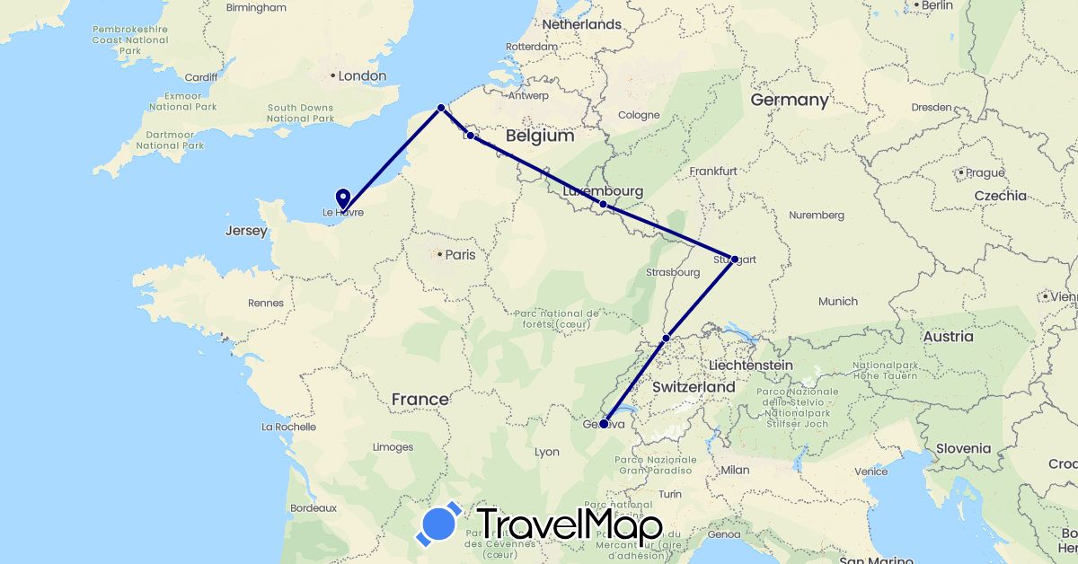 TravelMap itinerary: driving in Switzerland, Germany, France, Luxembourg (Europe)